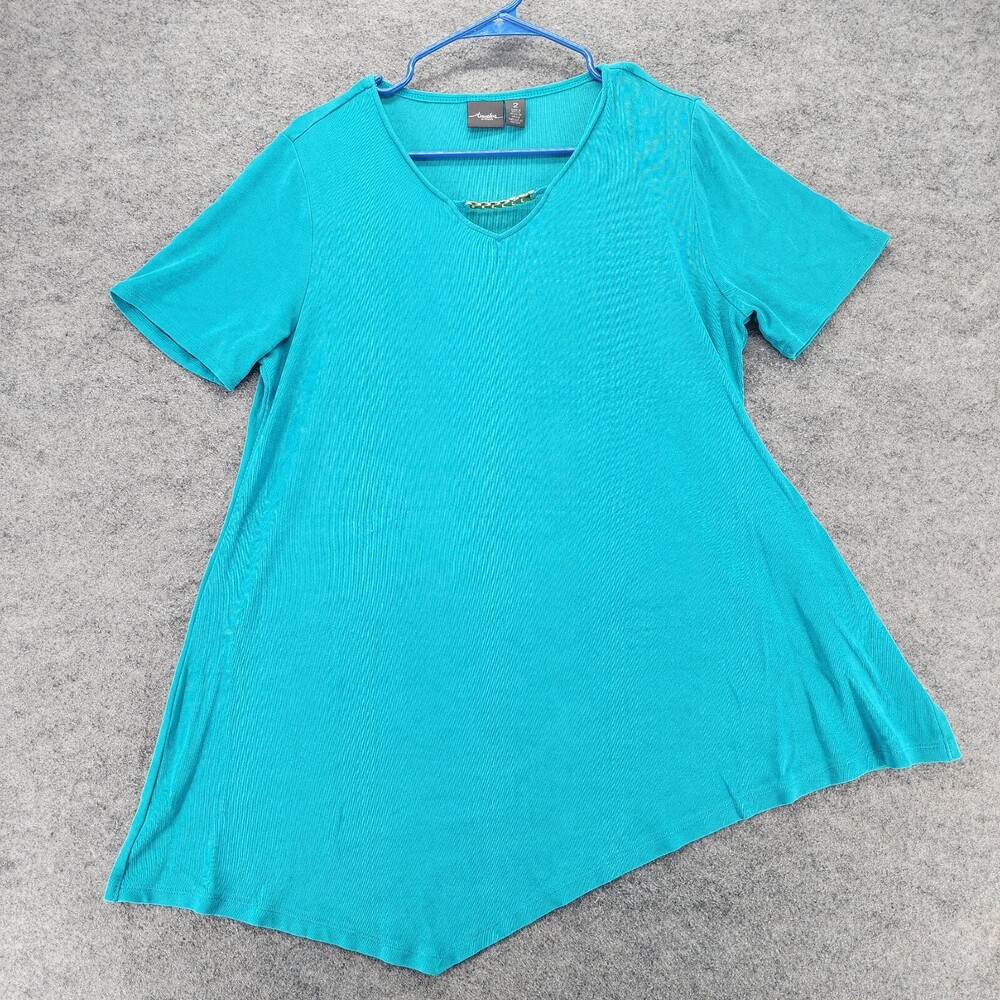 Chicos Travelers Shirt Womens 2 Short Sleeve Blue V Neck Asymmetrical Hem